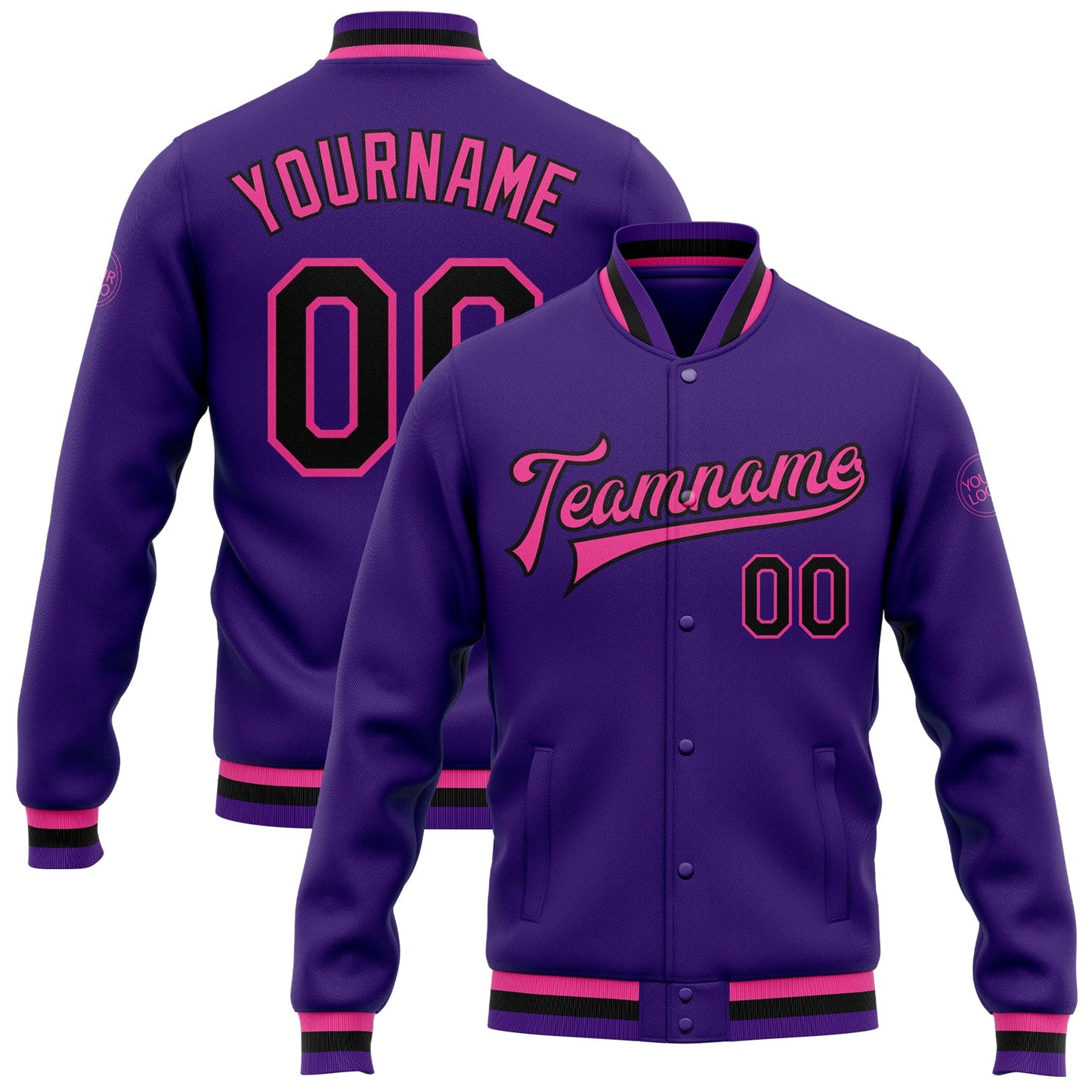 Custom Purple Black-Pink Bomber Full-Snap Varsity Letterman Jacket - Main View