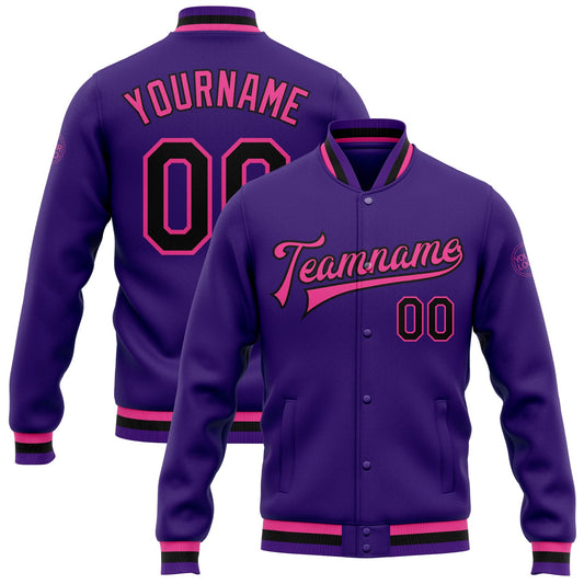 Custom Purple Black-Pink Bomber Full-Snap Varsity Letterman Jacket - Main View