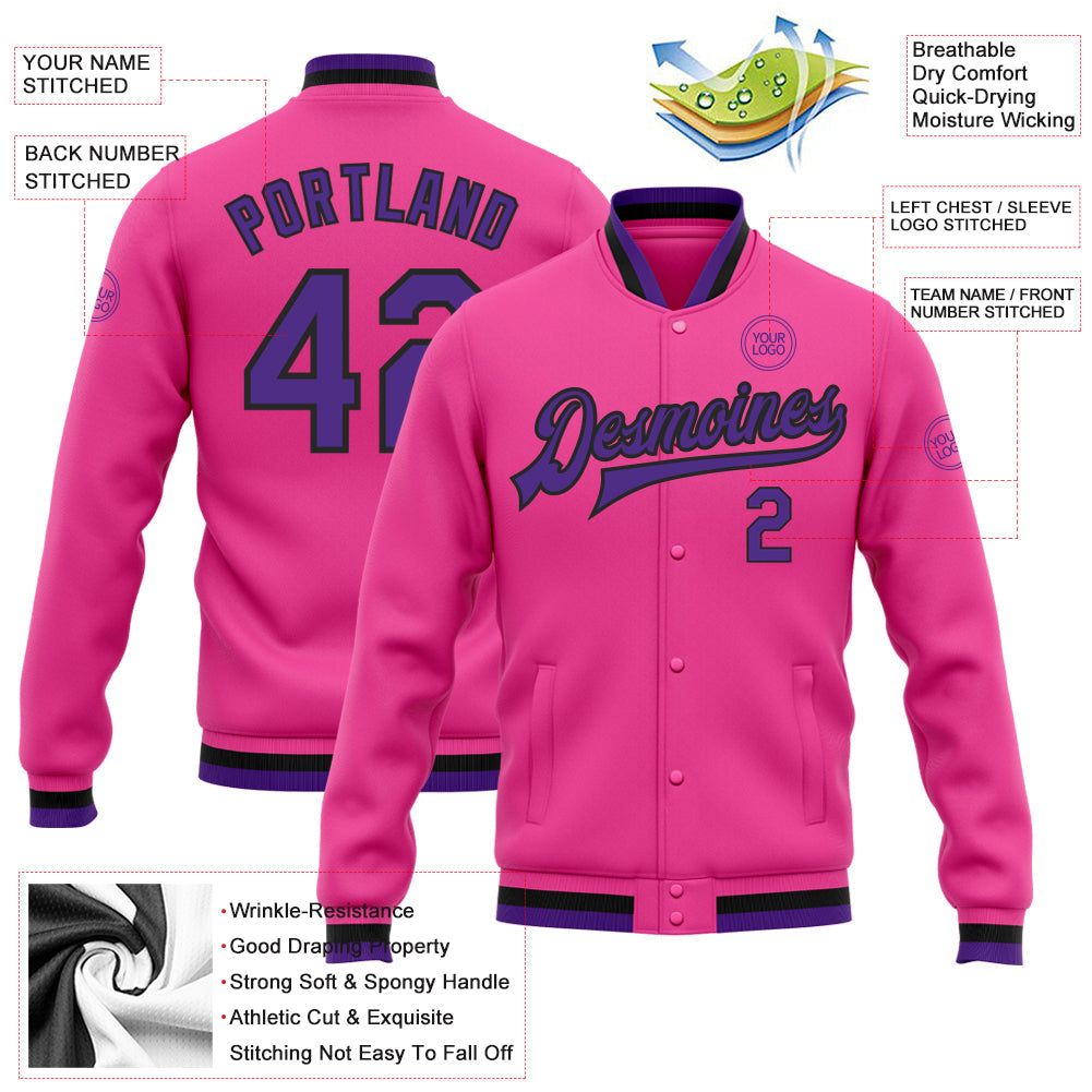 Custom Pink Purple-Black Bomber Full-Snap Varsity Letterman Jacket view 5