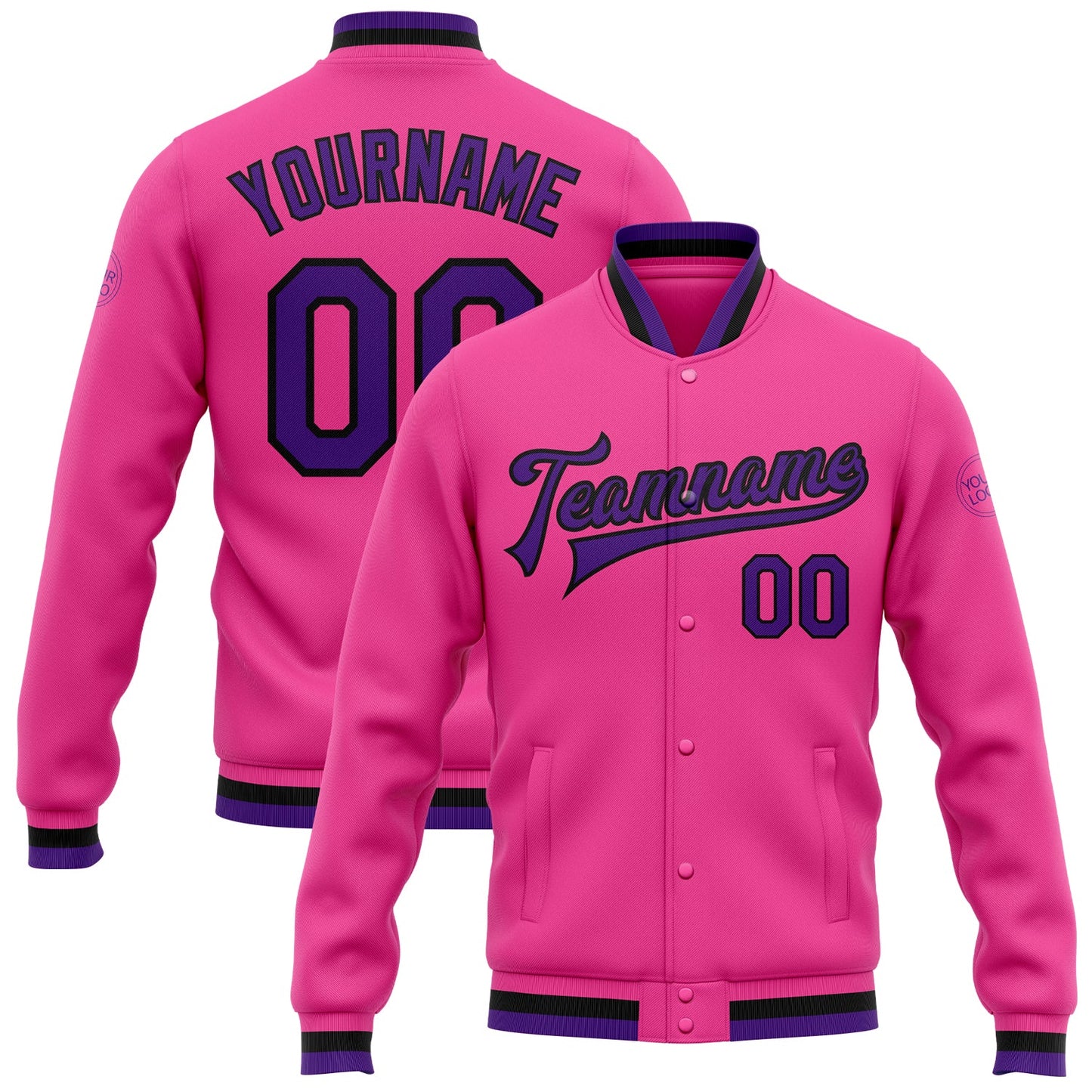 Custom Pink Purple-Black Bomber Full-Snap Varsity Letterman Jacket - Main View