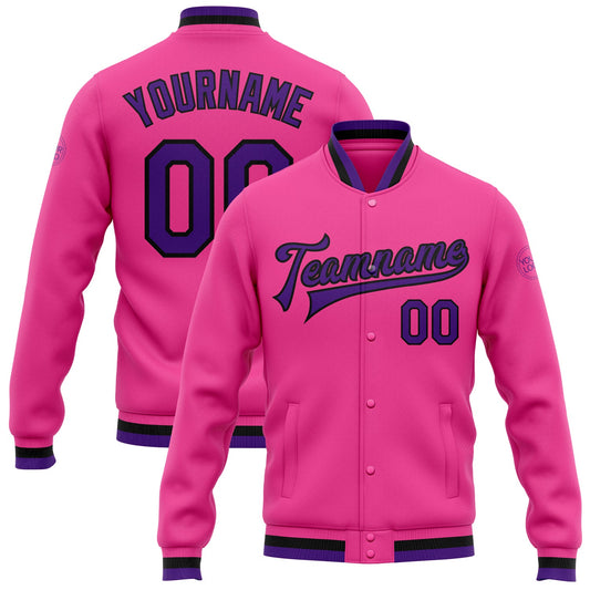 Custom Pink Purple-Black Bomber Full-Snap Varsity Letterman Jacket - Main View