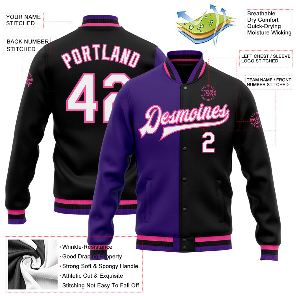 Custom Black White Purple-Pink Bomber Full-Snap Varsity Letterman Split Fashion Jacket view 5