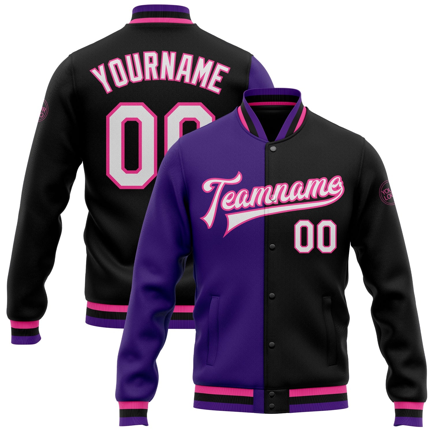 Custom Black White Purple-Pink Bomber Full-Snap Varsity Letterman Split Fashion Jacket - Main View
