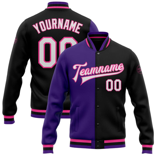 Custom Black White Purple-Pink Bomber Full-Snap Varsity Letterman Split Fashion Jacket - Main View