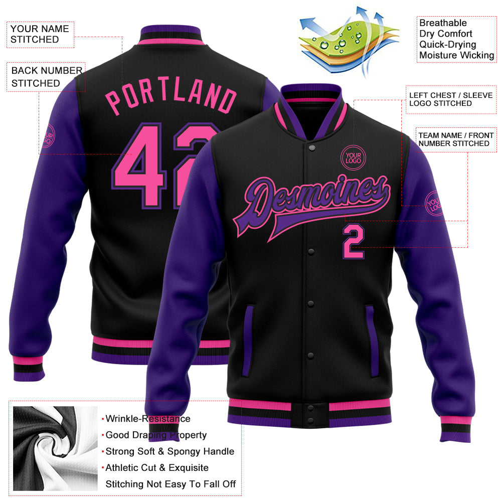 Custom Black Pink-Purple Bomber Full-Snap Varsity Letterman Two Tone Jacket view 5