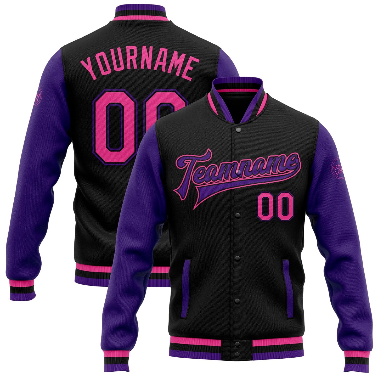 Custom Black Pink-Purple Bomber Full-Snap Varsity Letterman Two Tone Jacket - Main View