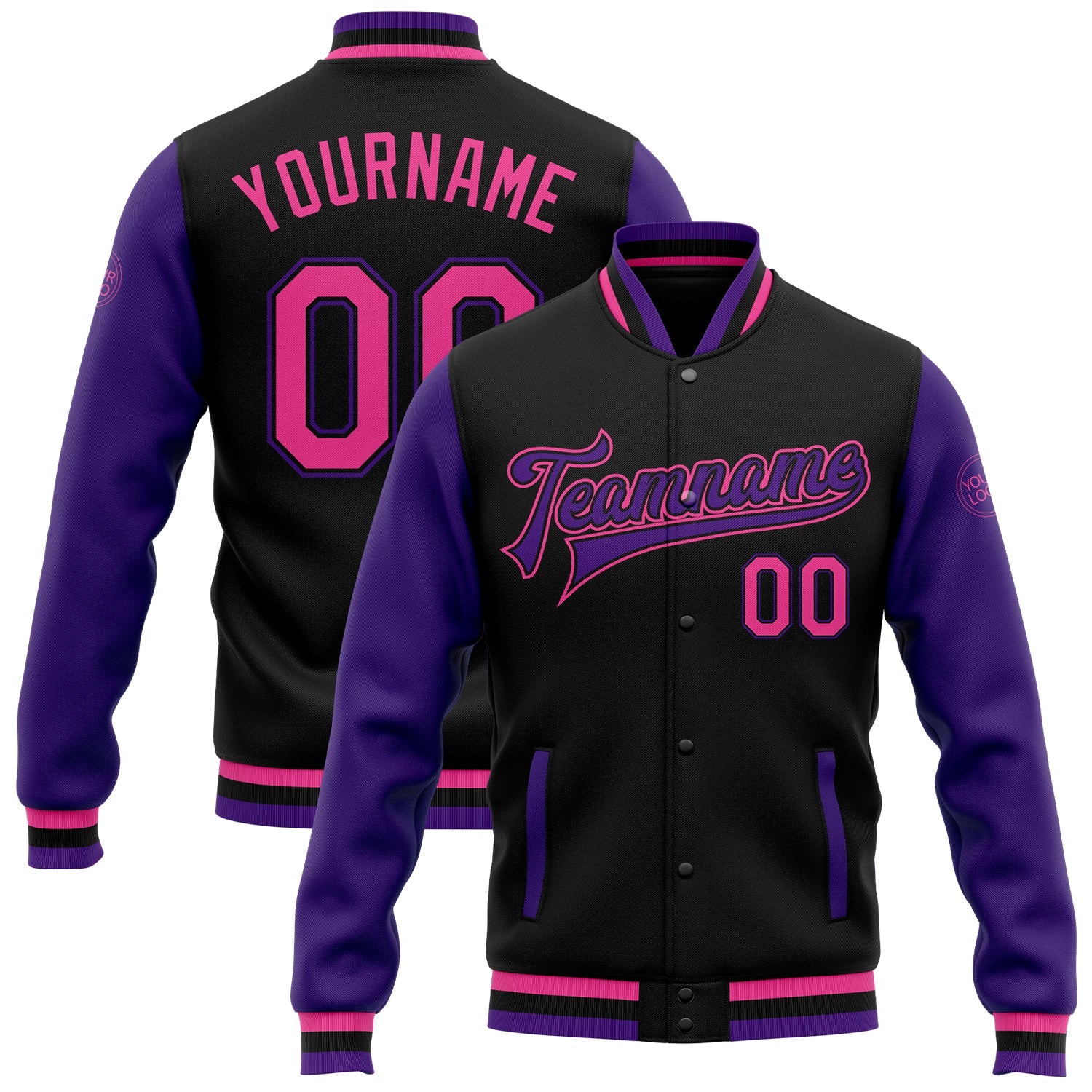 Custom Black Pink-Purple Bomber Full-Snap Varsity Letterman Two Tone Jacket - Main View