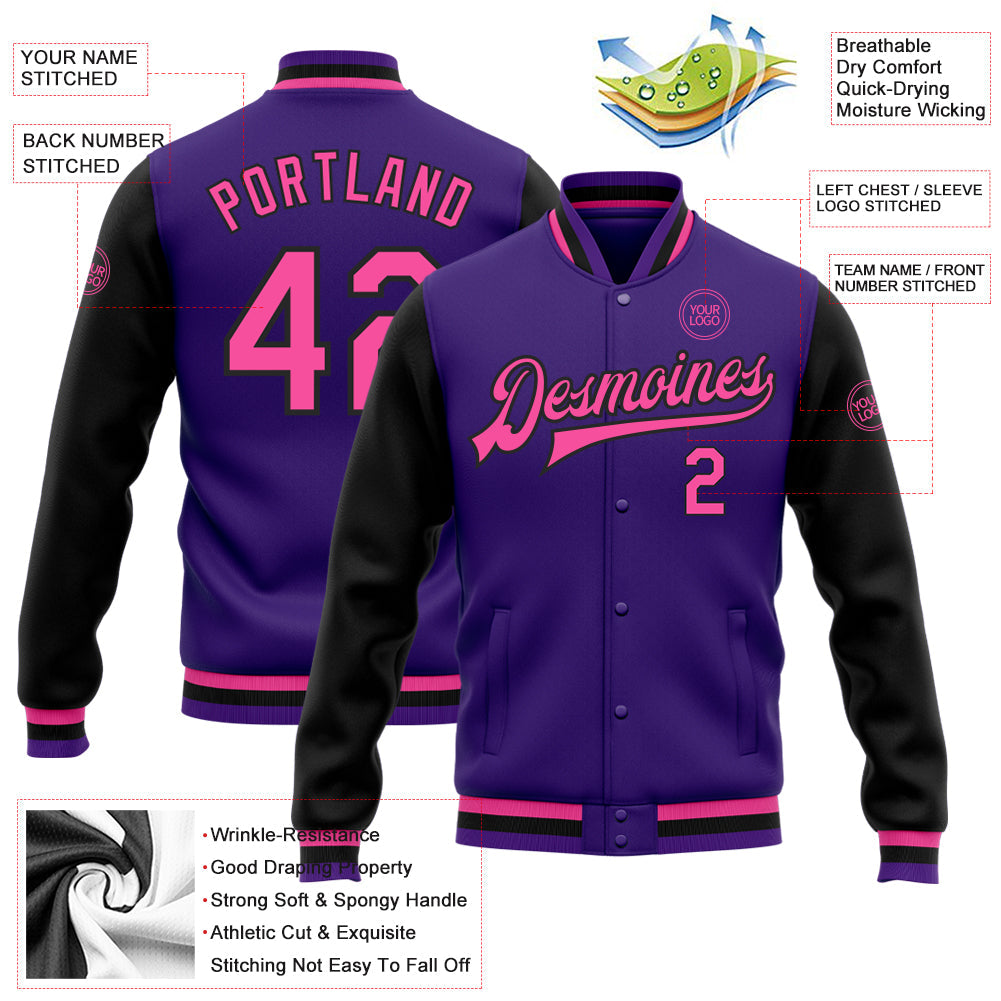Custom Purple Pink-Black Bomber Full-Snap Varsity Letterman Two Tone Jacket view 5