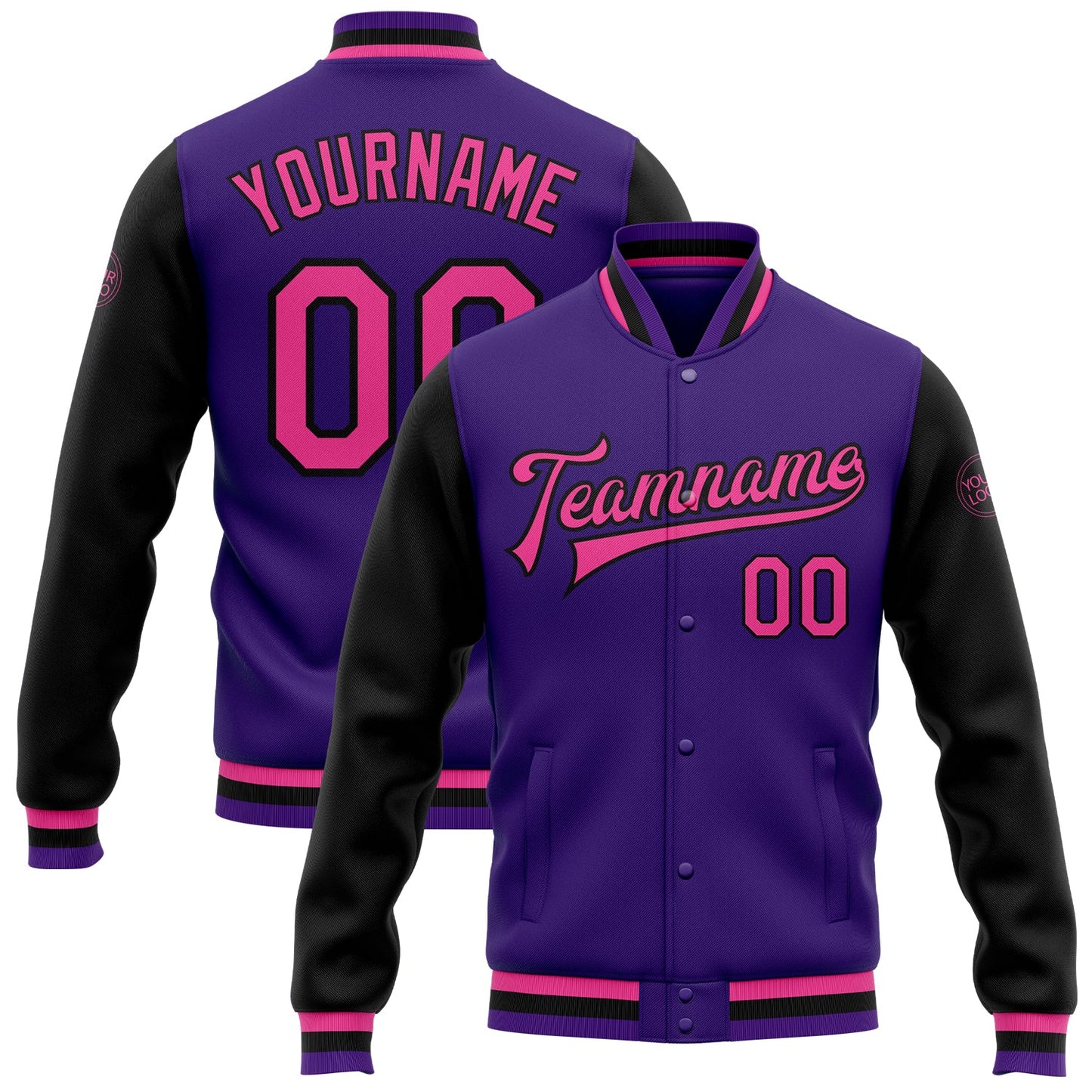 Custom Purple Pink-Black Bomber Full-Snap Varsity Letterman Two Tone Jacket - Main View