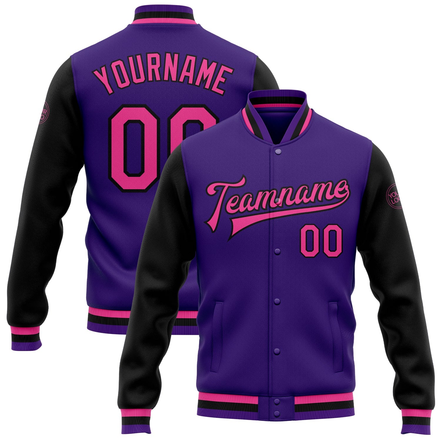 Custom Purple Pink-Black Bomber Full-Snap Varsity Letterman Two Tone Jacket - Main View
