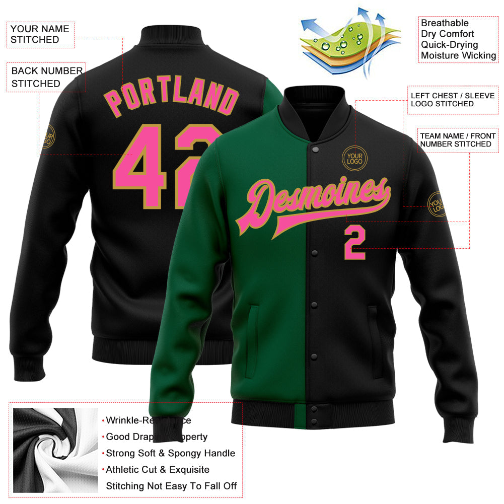 Custom Black Pink Kelly Green-Old Gold Bomber Full-Snap Varsity Letterman Split Fashion Jacket view 5