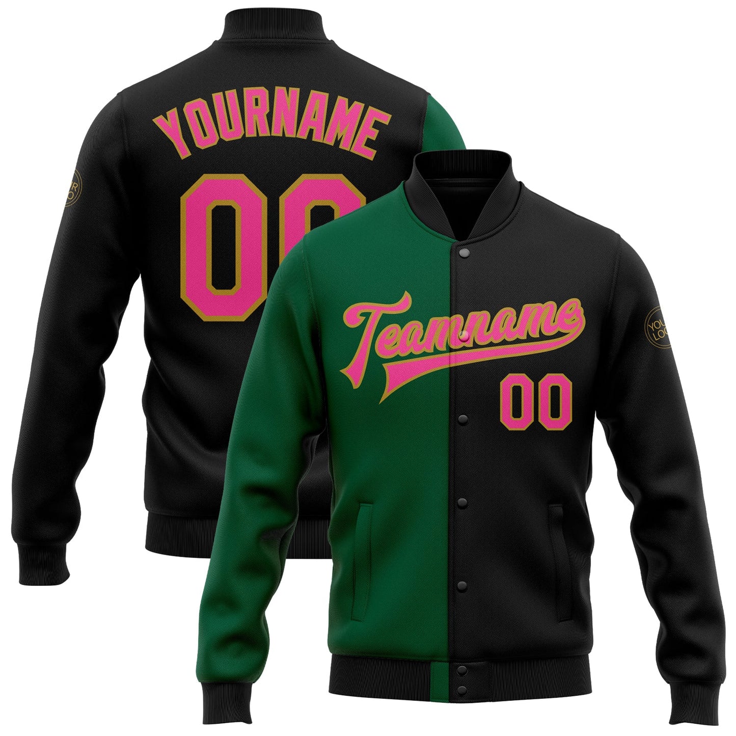 Custom Black Pink Kelly Green-Old Gold Bomber Full-Snap Varsity Letterman Split Fashion Jacket - Main View