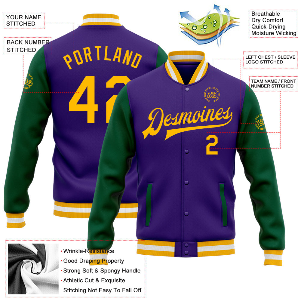 Custom Purple Gold-Kelly Green Bomber Full-Snap Varsity Letterman Two Tone Jacket view 5