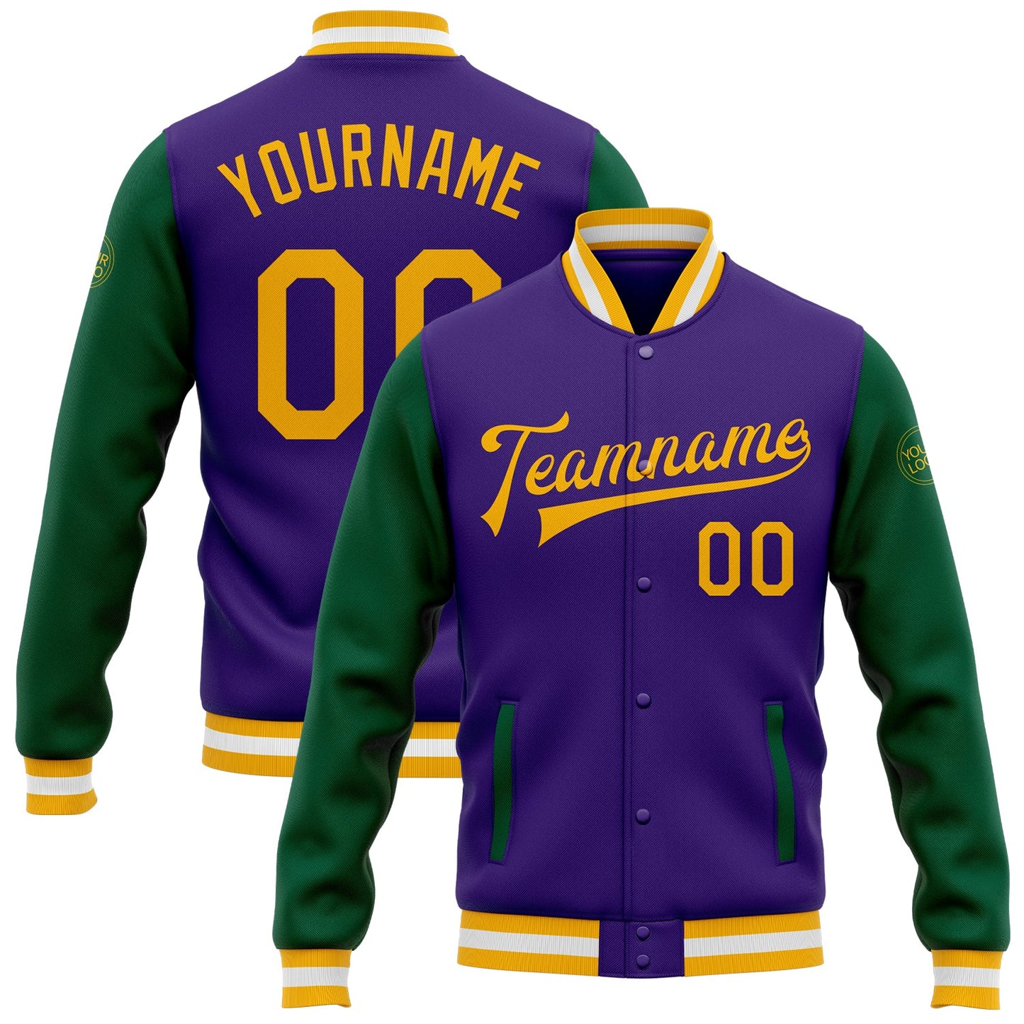 Custom Purple Gold-Kelly Green Bomber Full-Snap Varsity Letterman Two Tone Jacket - Main View