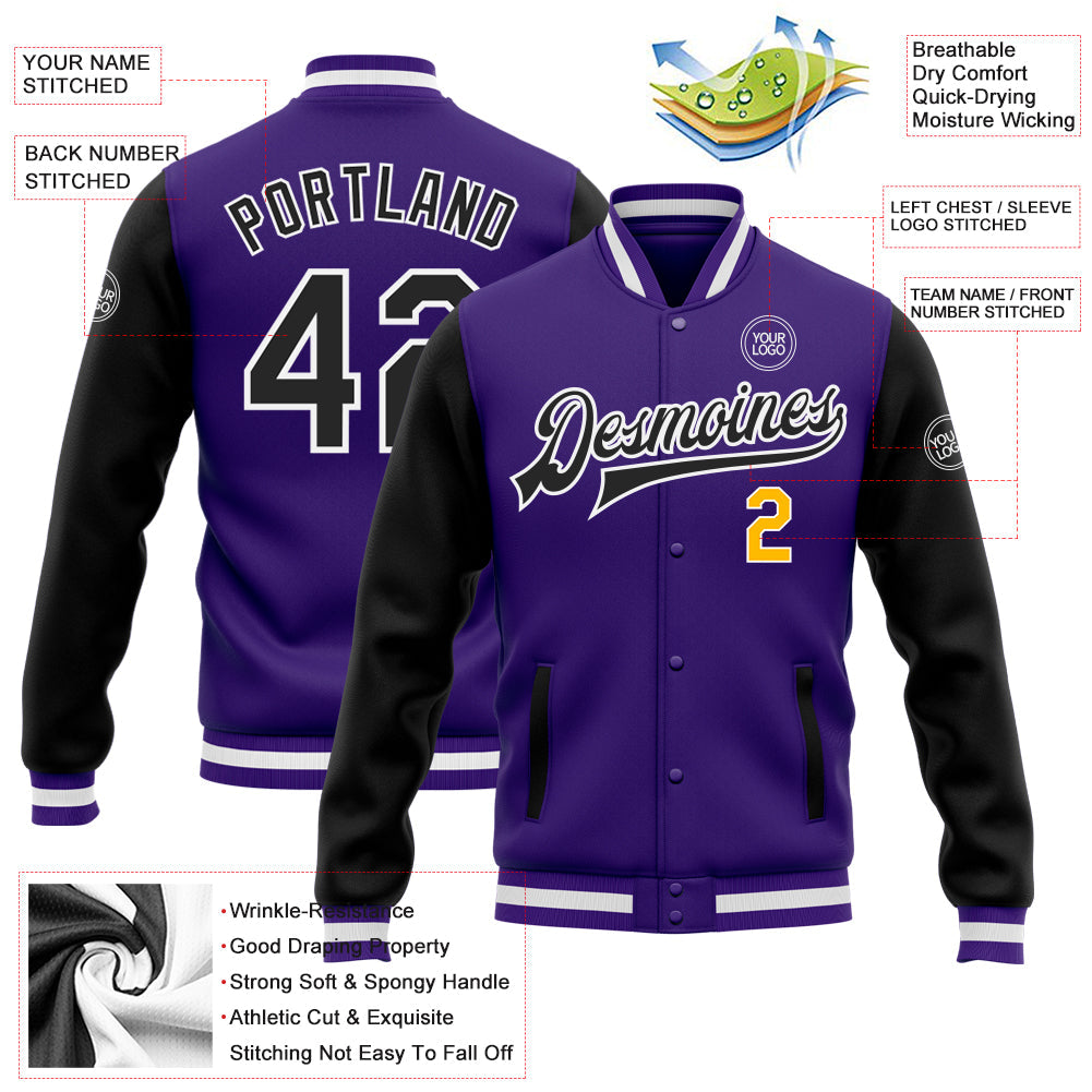 Custom Purple Black-Gold Bomber Full-Snap Varsity Letterman Two Tone Jacket view 5