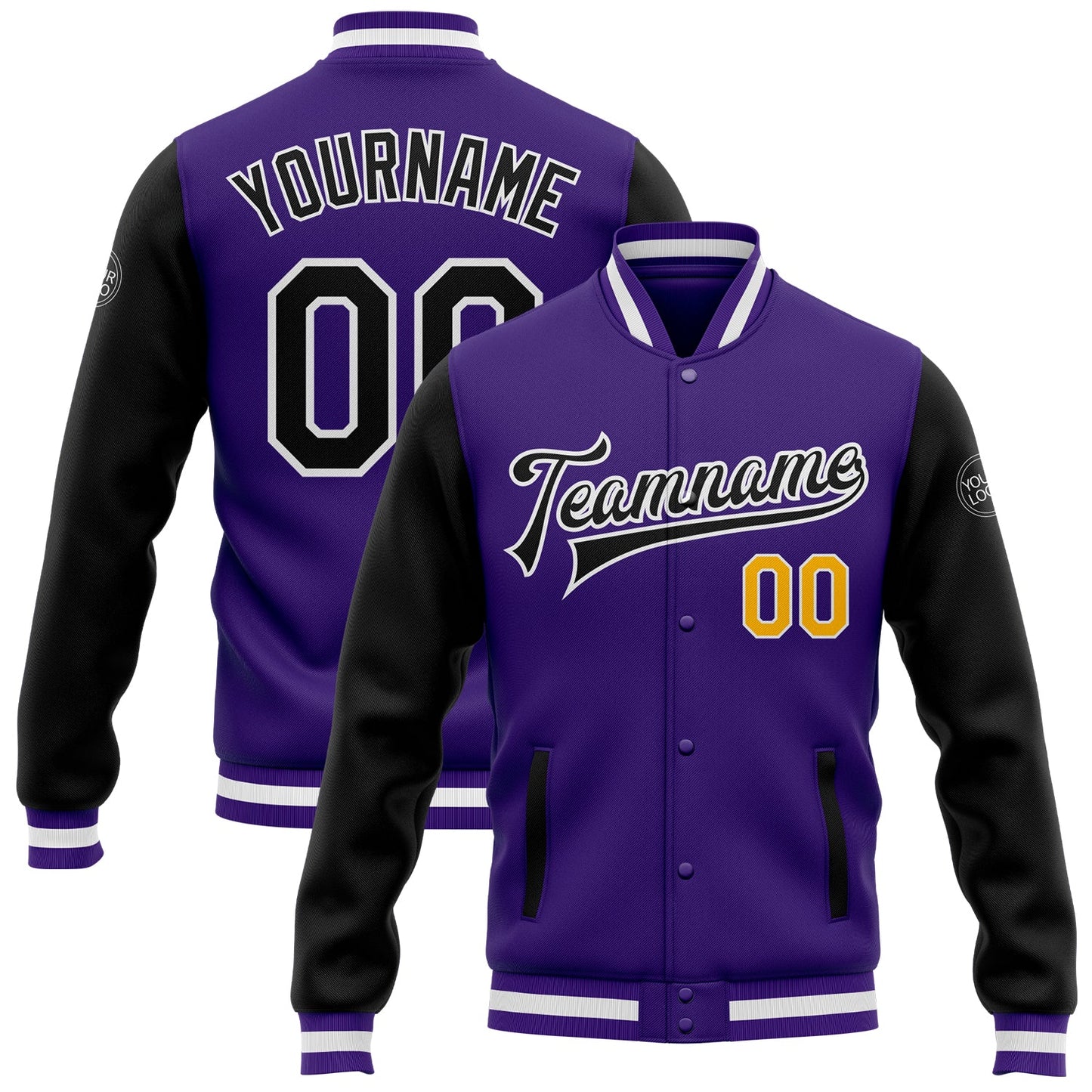 Custom Purple Black-Gold Bomber Full-Snap Varsity Letterman Two Tone Jacket - Main View