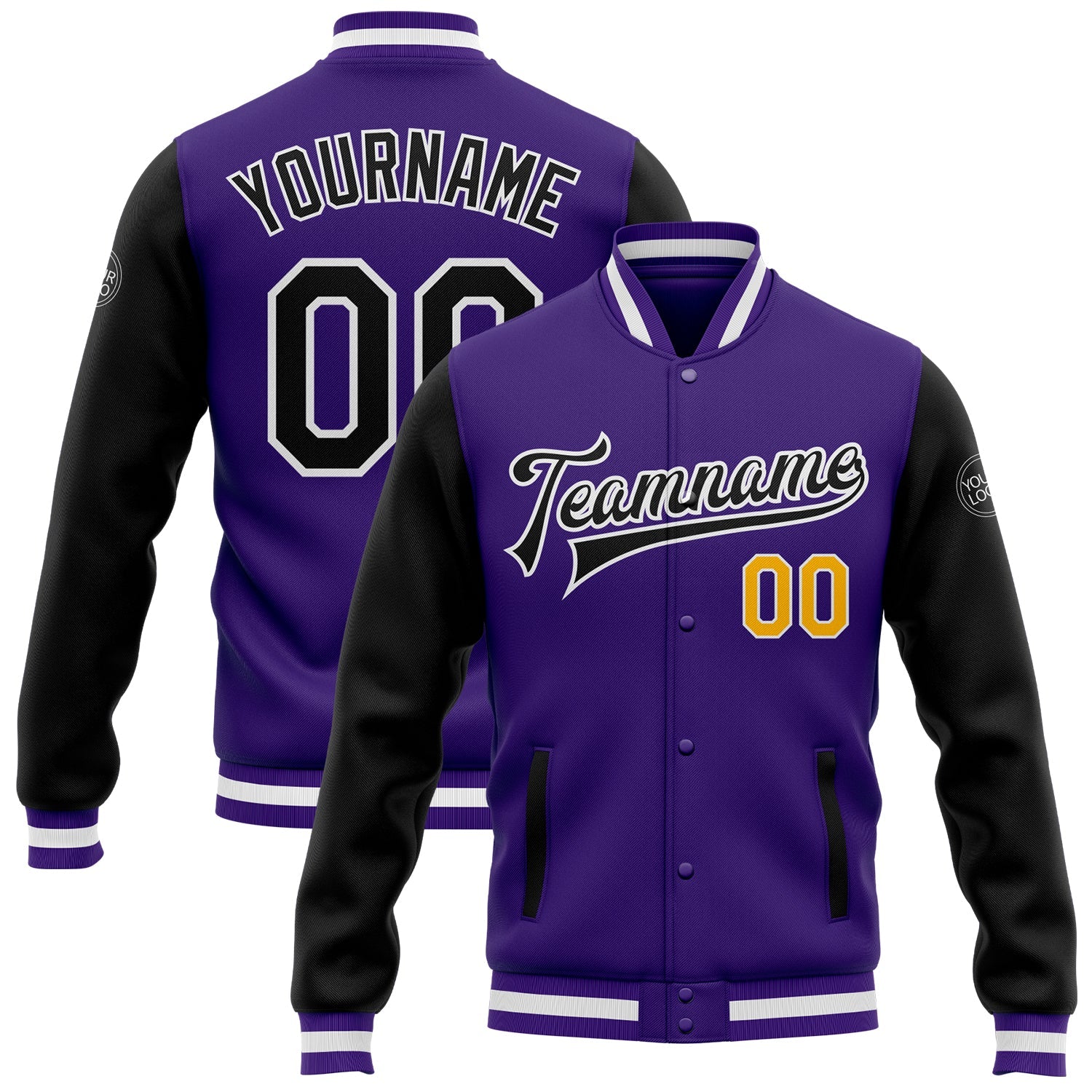 Custom Purple Black-Gold Bomber Full-Snap Varsity Letterman Two Tone Jacket - Main View