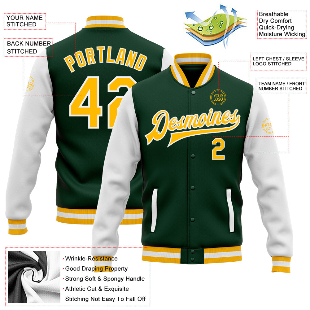 Custom Green Gold-White Bomber Full-Snap Varsity Letterman Two Tone Jacket view 5