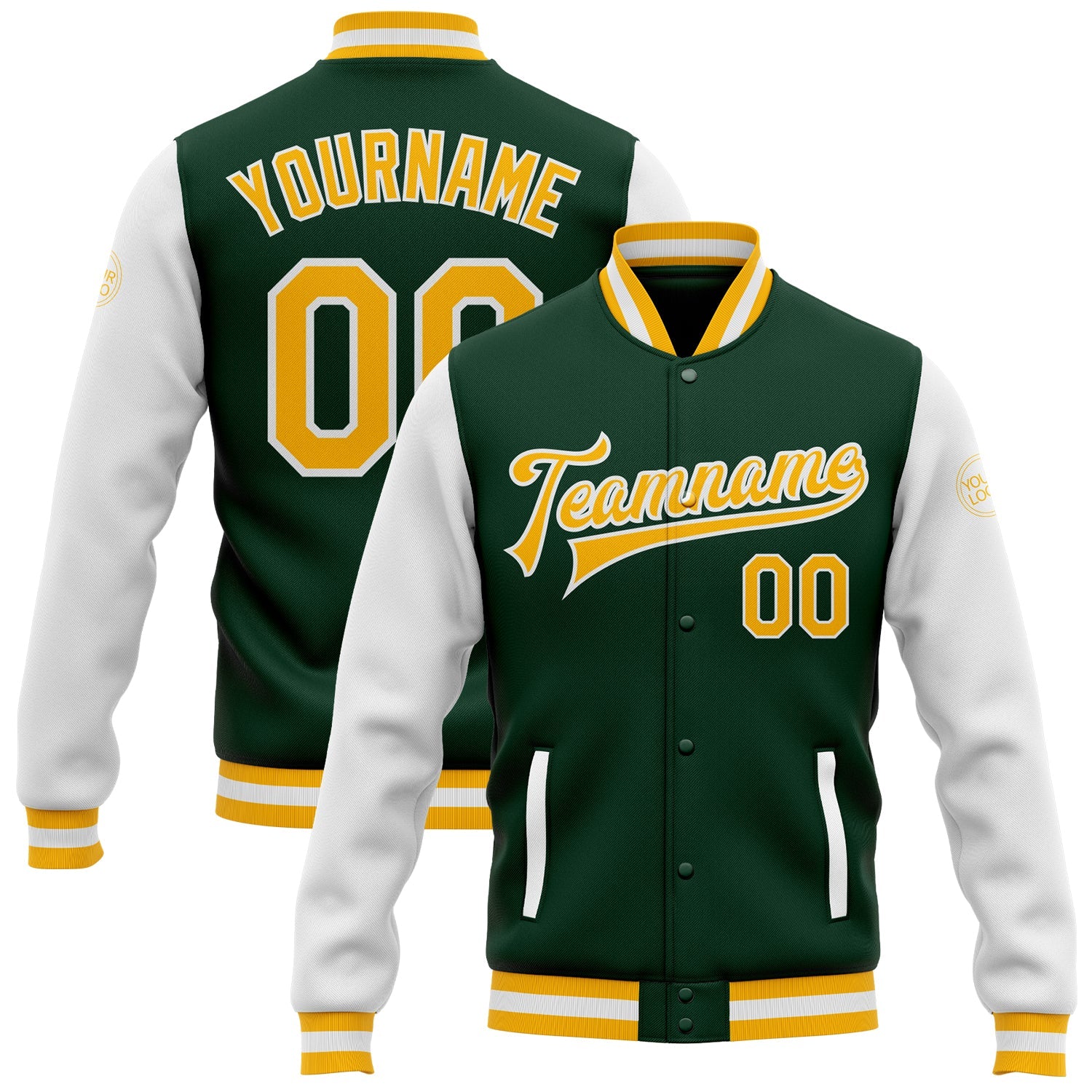 Custom Green Gold-White Bomber Full-Snap Varsity Letterman Two Tone Jacket - Main View