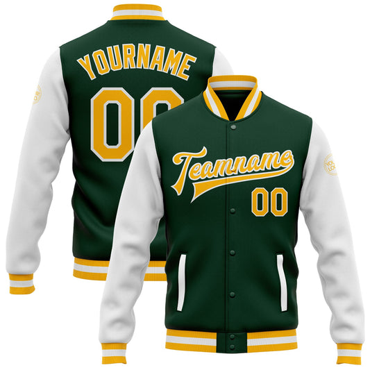 Custom Green Gold-White Bomber Full-Snap Varsity Letterman Two Tone Jacket - Main View