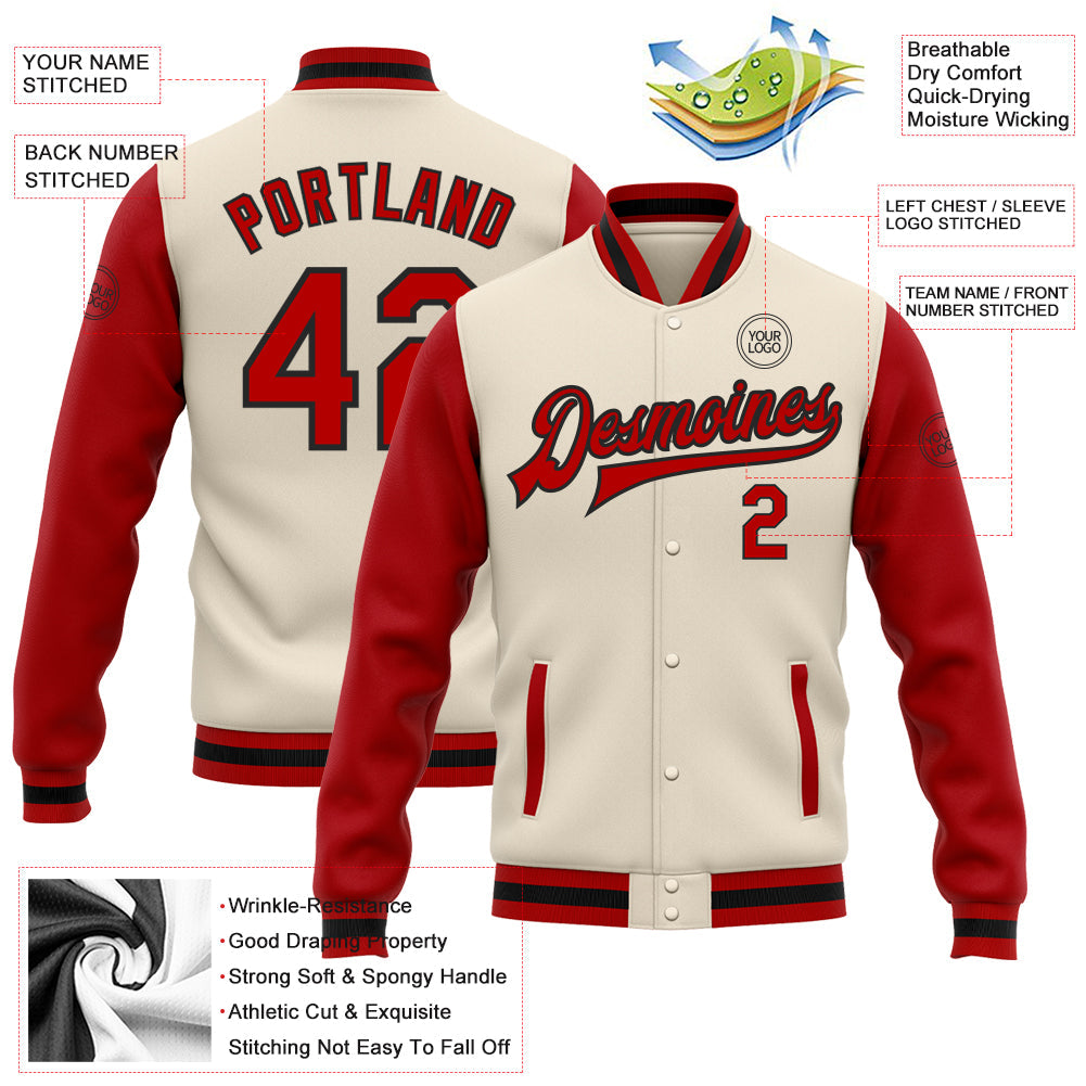 Custom Cream Red-Black Bomber Full-Snap Varsity Letterman Two Tone Jacket view 5