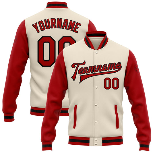 Custom Cream Red-Black Bomber Full-Snap Varsity Letterman Two Tone Jacket - Main View
