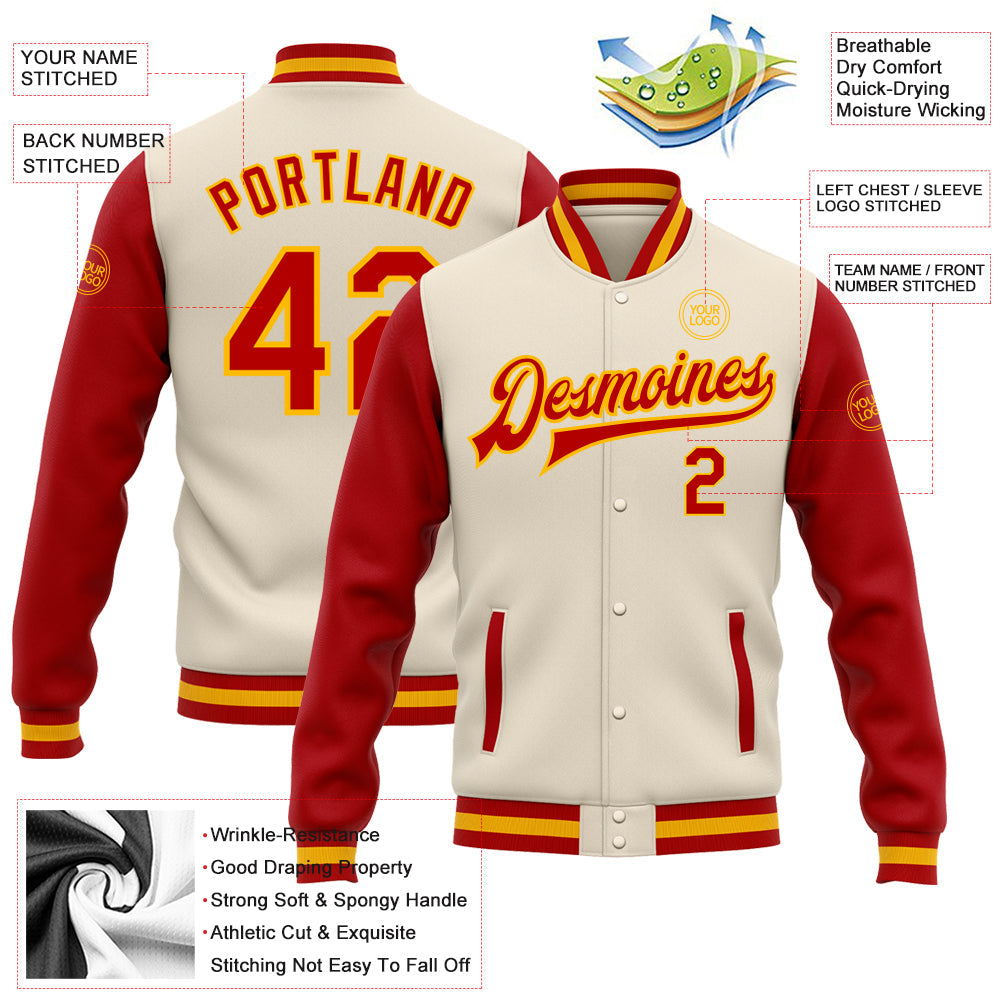Custom Cream Red-Gold Bomber Full-Snap Varsity Letterman Two Tone Jacket view 5