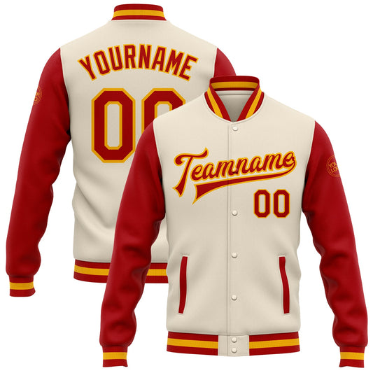 Custom Cream Red-Gold Bomber Full-Snap Varsity Letterman Two Tone Jacket - Main View