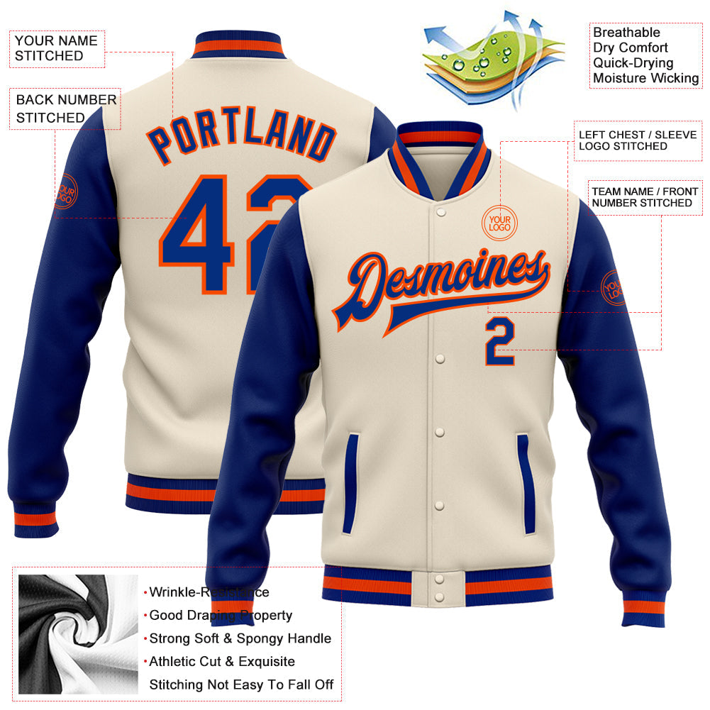 Custom Cream Royal-Orange Bomber Full-Snap Varsity Letterman Two Tone Jacket view 5