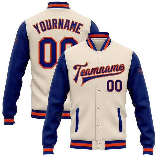 Custom Cream Royal-Orange Bomber Full-Snap Varsity Letterman Two Tone Jacket - Main View
