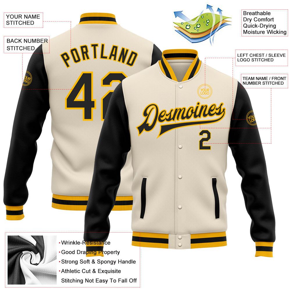 Custom Cream Black-Gold Bomber Full-Snap Varsity Letterman Two Tone Jacket view 5
