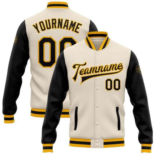 Custom Cream Black-Gold Bomber Full-Snap Varsity Letterman Two Tone Jacket - Main View