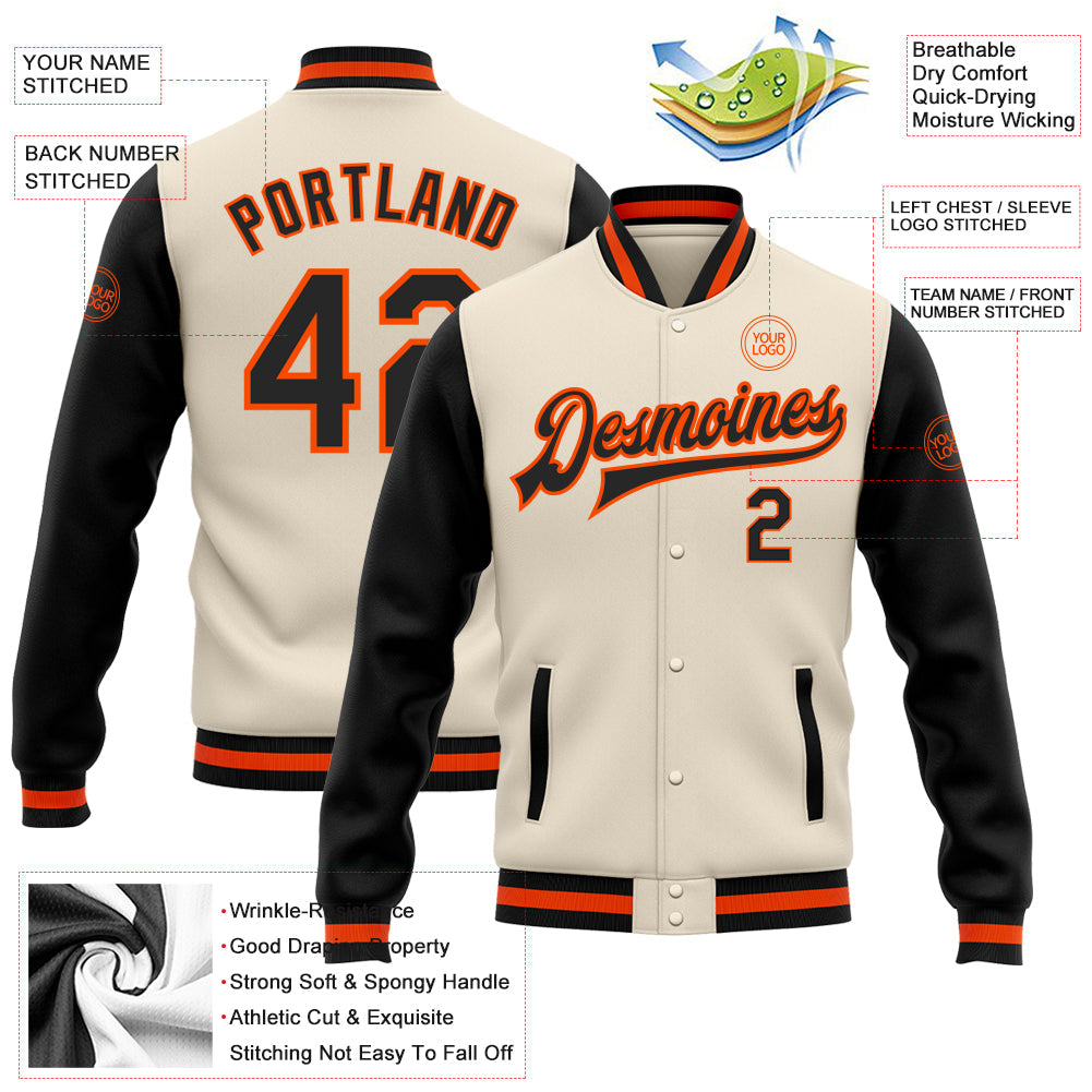 Custom Cream Black-Orange Bomber Full-Snap Varsity Letterman Two Tone Jacket view 5