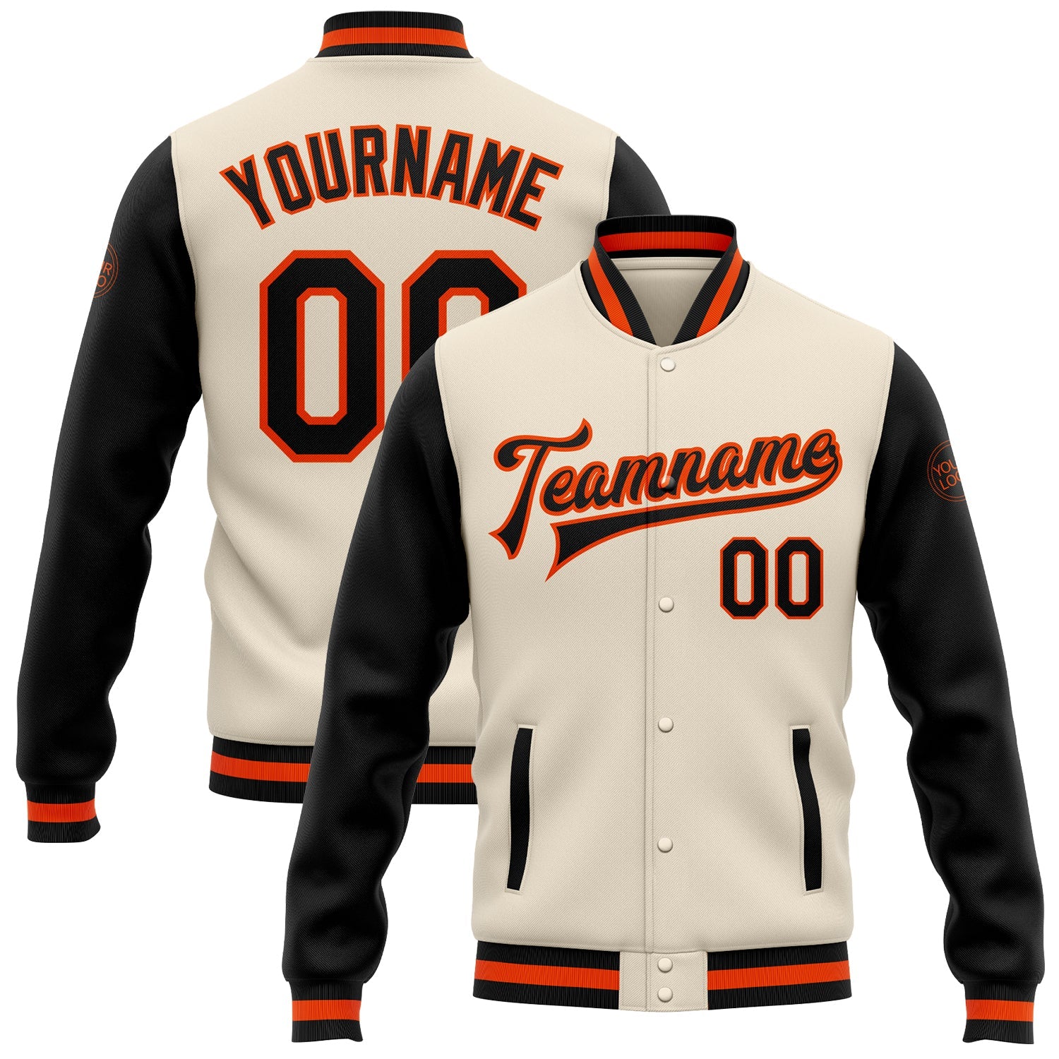 Custom Cream Black-Orange Bomber Full-Snap Varsity Letterman Two Tone Jacket - Main View