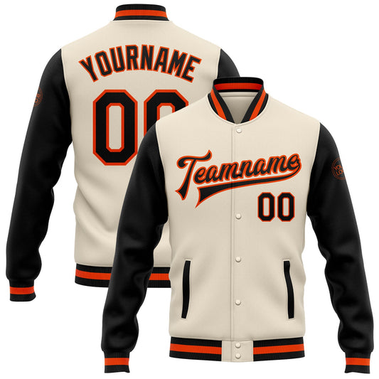 Custom Cream Black-Orange Bomber Full-Snap Varsity Letterman Two Tone Jacket - Main View