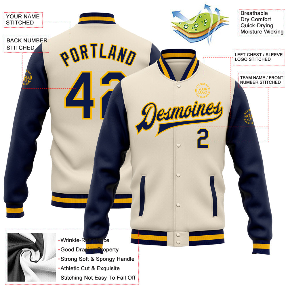 Custom Cream Navy-Gold Bomber Full-Snap Varsity Letterman Two Tone Jacket view 5
