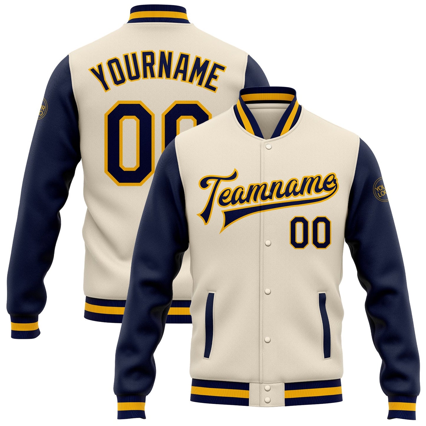 Custom Cream Navy-Gold Bomber Full-Snap Varsity Letterman Two Tone Jacket - Main View