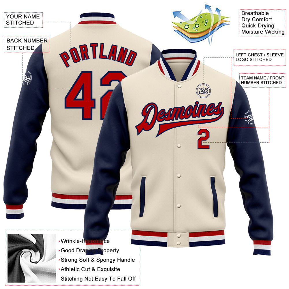 Custom Cream Red-Navy Bomber Full-Snap Varsity Letterman Two Tone Jacket view 5