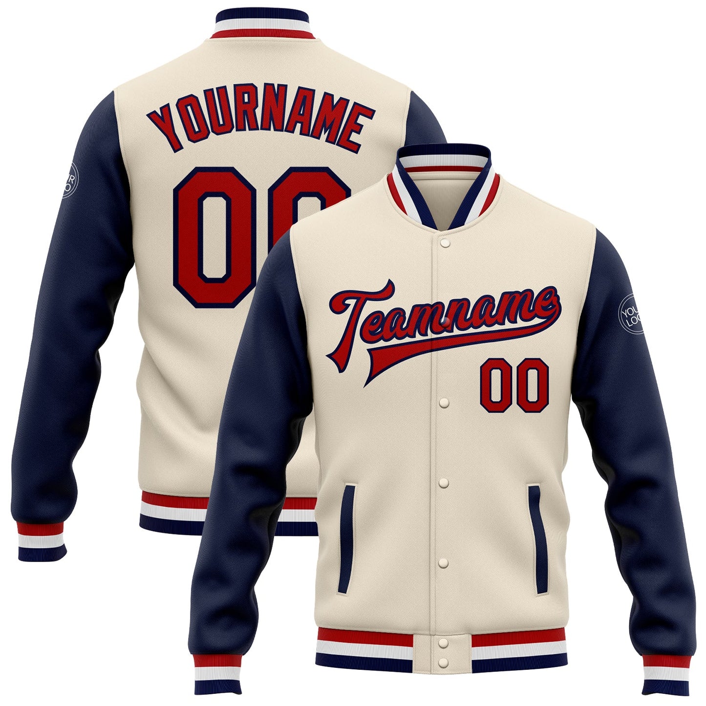 Custom Cream Red-Navy Bomber Full-Snap Varsity Letterman Two Tone Jacket - Main View