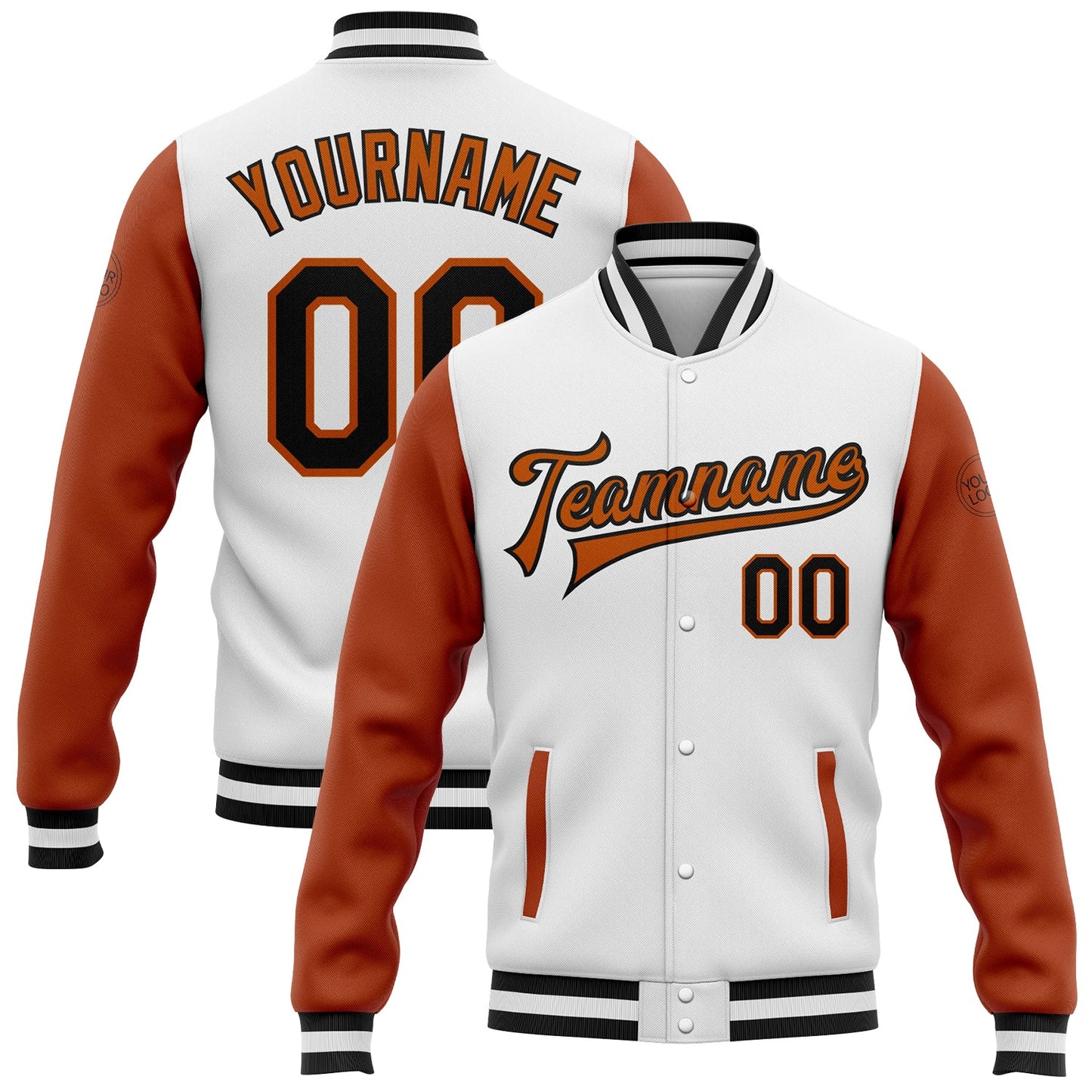 Custom White Black-Texas Orange Bomber Full-Snap Varsity Letterman Two Tone Jacket - Main View