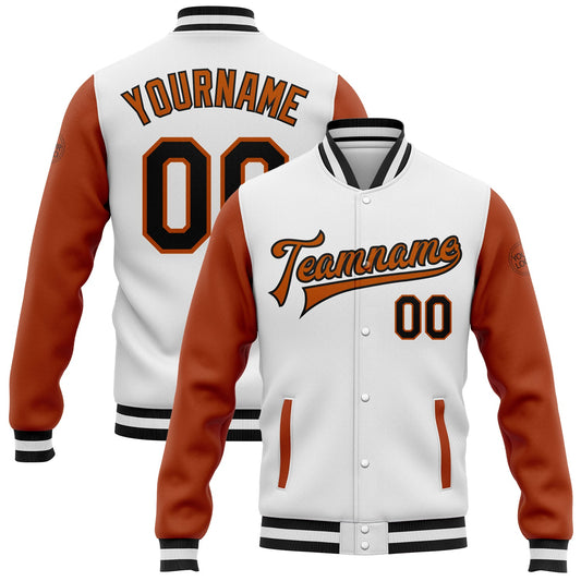 Custom White Black-Texas Orange Bomber Full-Snap Varsity Letterman Two Tone Jacket - Main View