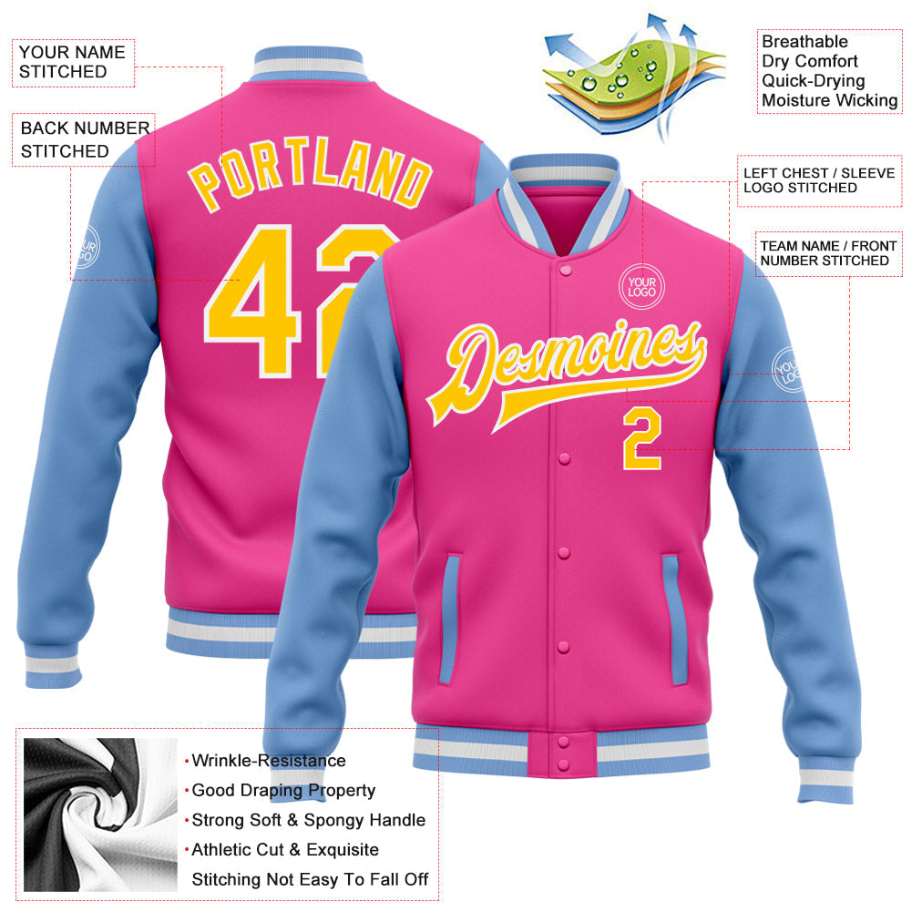 Custom Pink Yellow-Light Blue Bomber Full-Snap Varsity Letterman Two Tone Jacket view 5