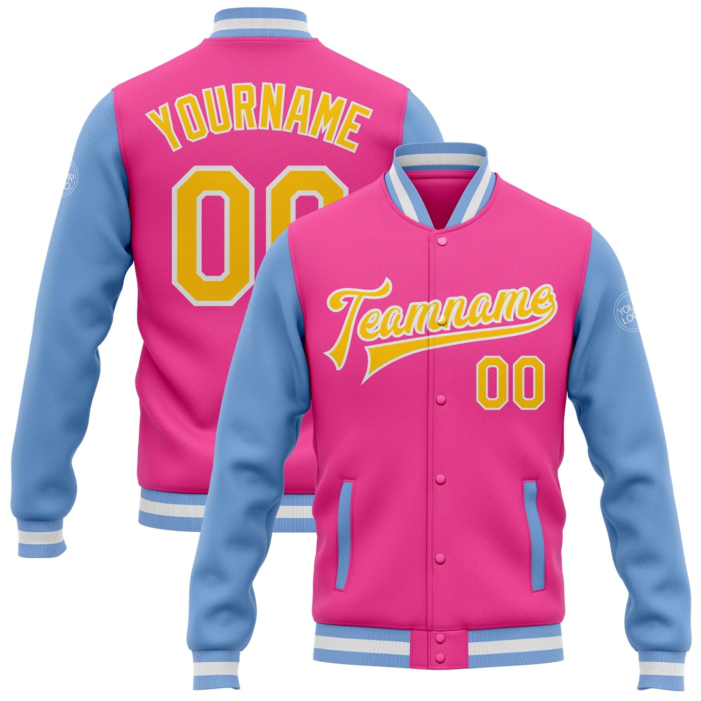 Custom Pink Yellow-Light Blue Bomber Full-Snap Varsity Letterman Two Tone Jacket - Main View