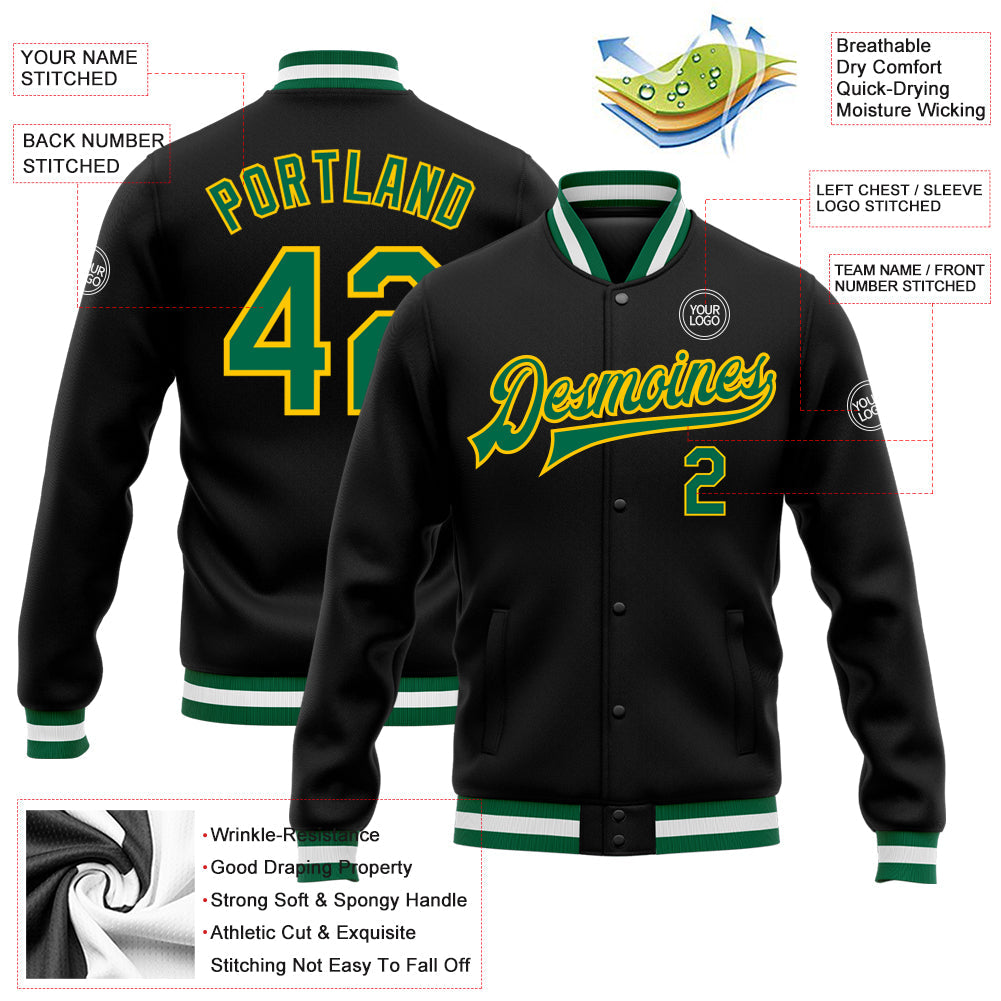 Custom Black Kelly Green-Yellow Bomber Full-Snap Varsity Letterman Jacket view 5