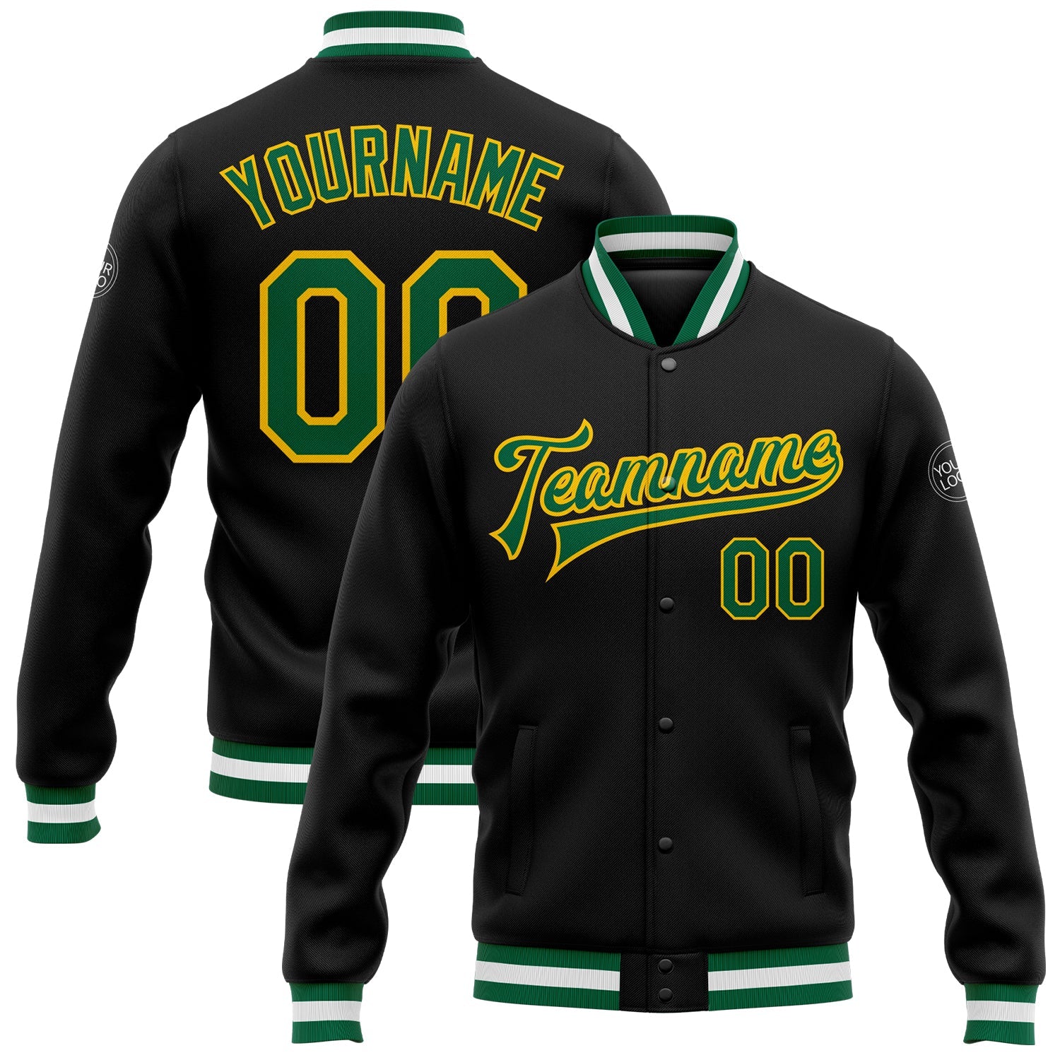 Custom Black Kelly Green-Yellow Bomber Full-Snap Varsity Letterman Jacket - Main View