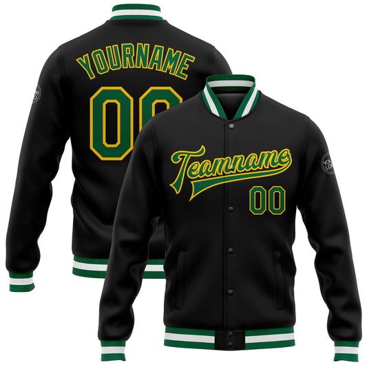 Custom Black Kelly Green-Yellow Bomber Full-Snap Varsity Letterman Jacket - Main View