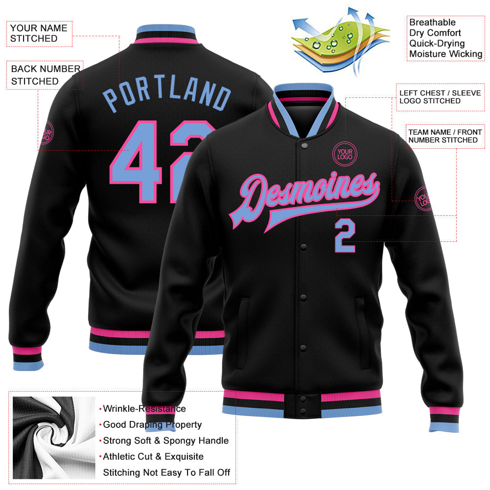 Custom Black Light Blue-Pink Bomber Full-Snap Varsity Letterman Jacket view 5
