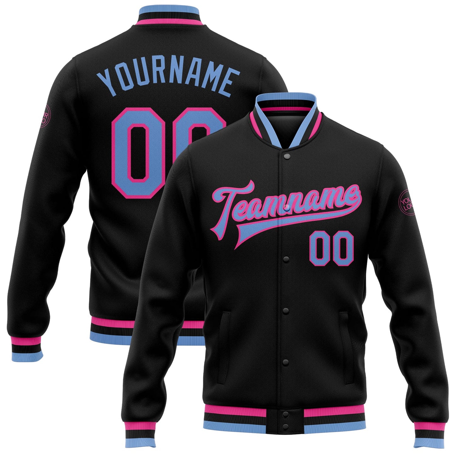 Custom Black Light Blue-Pink Bomber Full-Snap Varsity Letterman Jacket - Main View