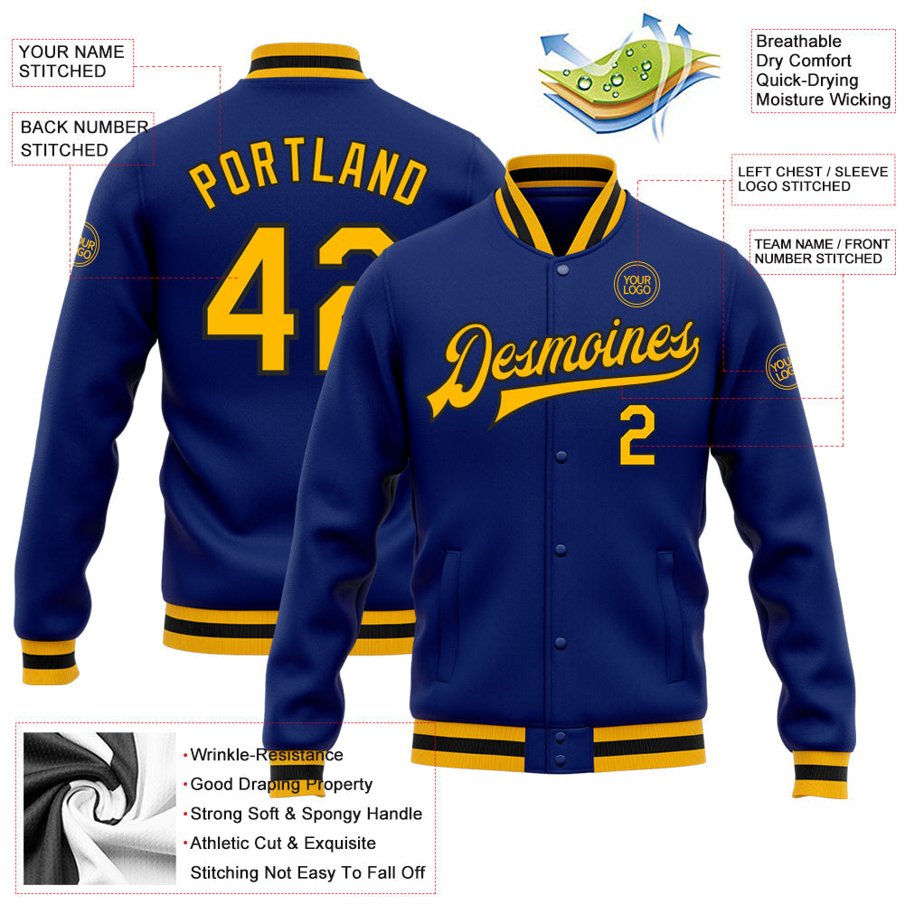 Custom Royal Gold-Black Bomber Full-Snap Varsity Letterman Jacket view 5