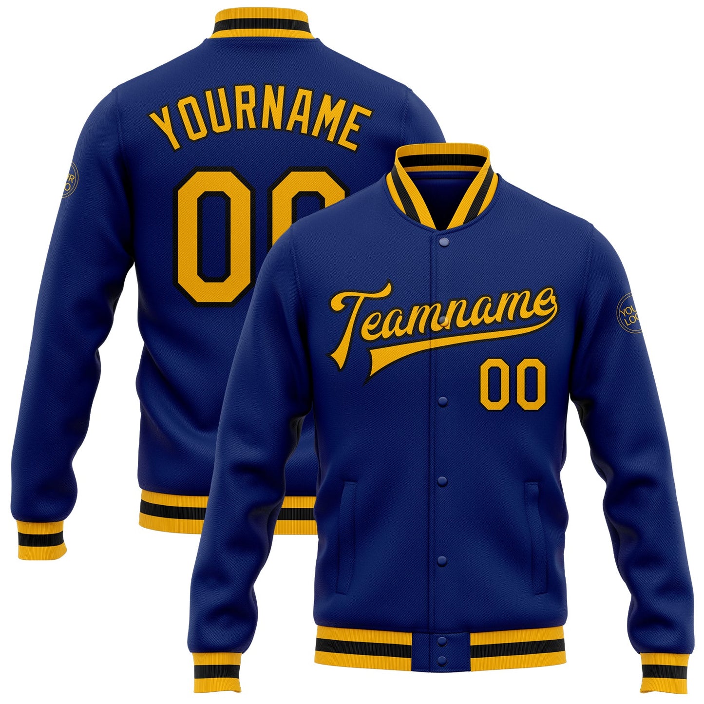 Custom Royal Gold-Black Bomber Full-Snap Varsity Letterman Jacket - Main View